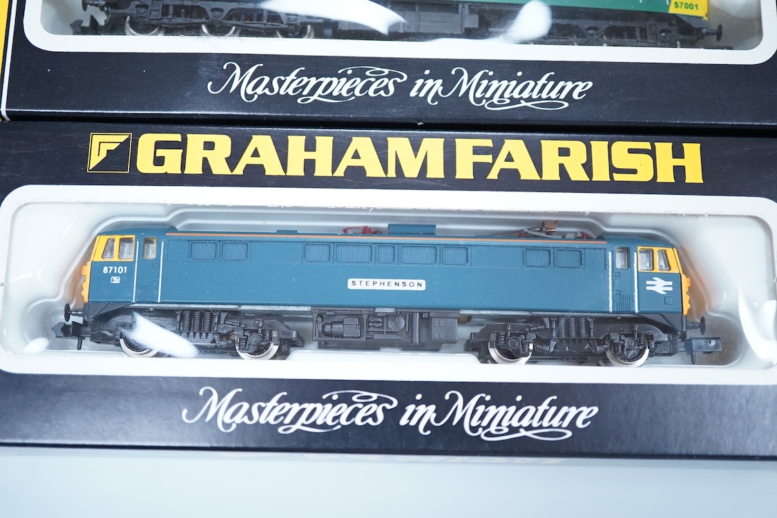 Three boxed Graham Farish N gauge railway electric and diesel locomotives; a Porterbrook class 55, Gordon Highlander (LE841A), a Freightliner class 57, Freightliner Pioneer 57001 (804A), and a BR class 87, Stephenson 871